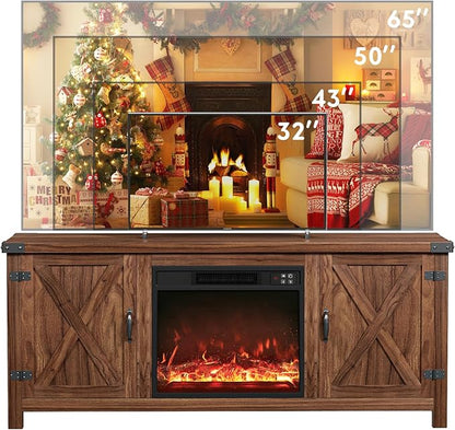 YESHOMY Fireplace TV Stand with Two Barn Doors and Storage Cabinets for Televisions up to 65+ Inch, Entertainment Center Console Table, Media Furniture for Living Room, 58 Inch, Walnut