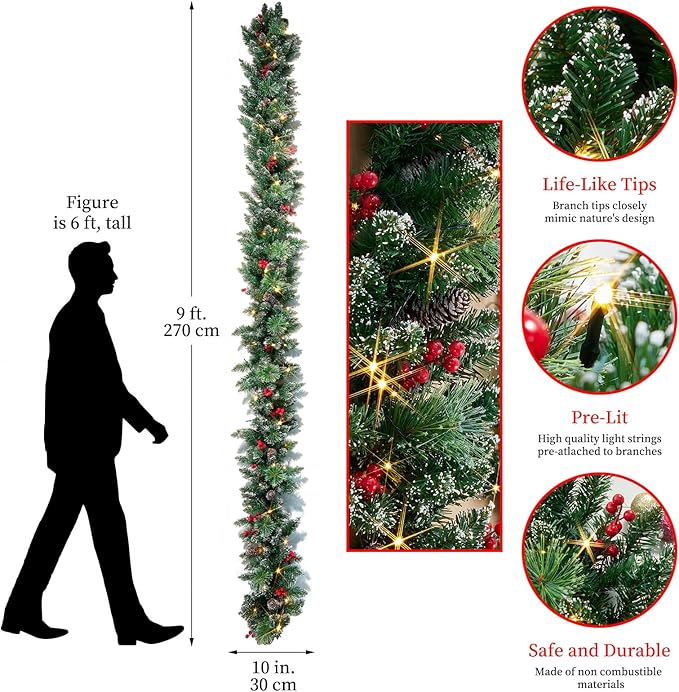 Christmas Garland with Lights, Battery Powered 8 Lighting Modes, 9FT 50 LED Luminous Christmas Decorations Indoor Home Decor.