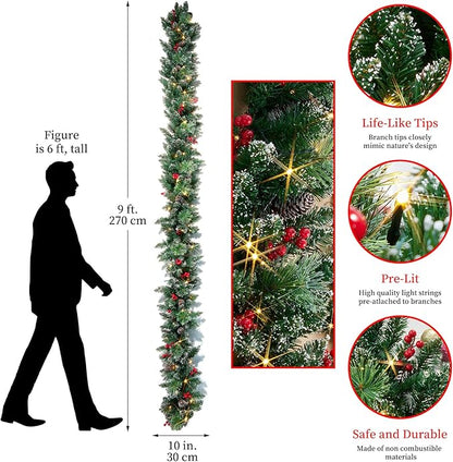 Christmas Garland with Lights, Battery Powered 8 Lighting Modes, 9FT 50 LED Luminous Christmas Decorations Indoor Home Decor.