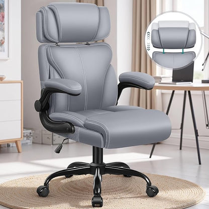 Office Chair, Ergonomic Big and Tall Computer Desk Chair with Retractable Adjustable Headrest, Executive Breathable Leather Chair, Lumbar Support Swivel PC Chair with Flip-up Armrests Rocking Function