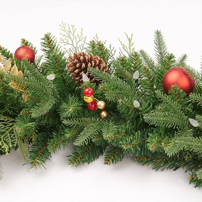 9FT Red Gold Christmas Garland Prelit with Battery Operated 50 LED Lights,Holiday Decoration Stairs Mantle Door Indoor Outdoor
