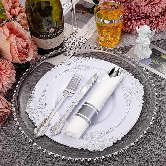 Hioasis 210pcs White and Silver Plastic Plates - Disposable Dinnerware Set Suitable for 30 Guests Include 10.25 Dinner & 7.5 Dessert Plates, Pre Rolled Silverware Set, Cups for Party & Wedding