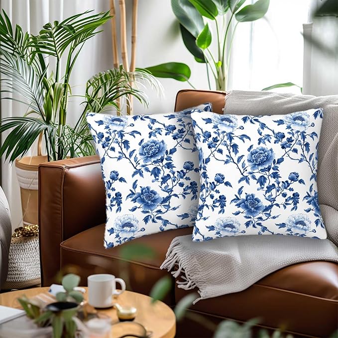 Chinoiserie Floral Throw Pillow Cover 18x18 Set of 2, Cushion Case for Couch, Sofa and Living Room, Vintage Flower Pillow Cases for Home Decor