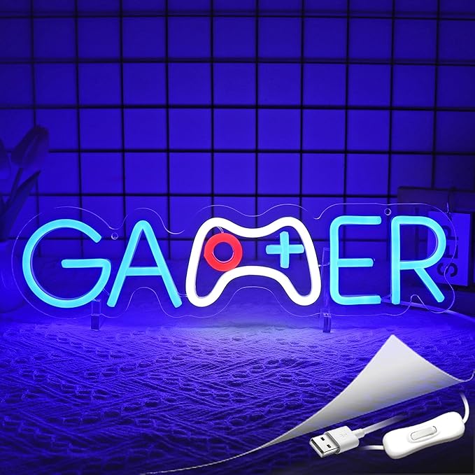 Gamer Neon Sign, Neon Signs for Wall Decor Neon LED Signs Gaming Room Neon Light Up Signs Home Decor for Bedroom Club Party Bar Shop USB Operated