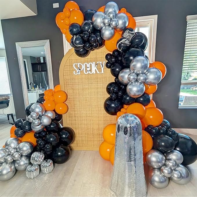 Orange and Black Balloons Arch Kit, 162pcs Orange Black White Metallic Silver and Confetti Balloons for Basketball Theme Birthday Halloween Trick or Treat Fall Party Decorations