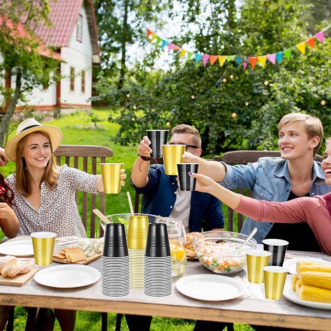 100 Pcs Black and Gold Plastic Cups 12 oz, Bulk Gold and Black Disposable Party Graduation Cups for Graduation New Year Wedding Birthday Christmas Theme Party Supplies Decorations