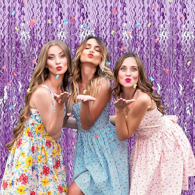 4 Pack Light Purple Fringe Curtain Backdrop 3.2Ft x 8.2Ft Metallic Tinsel Foil Fringe Streamers Background for Photo Booth Mother's Day, Easter, Carnival, Birthday, Wedding Party Decoration