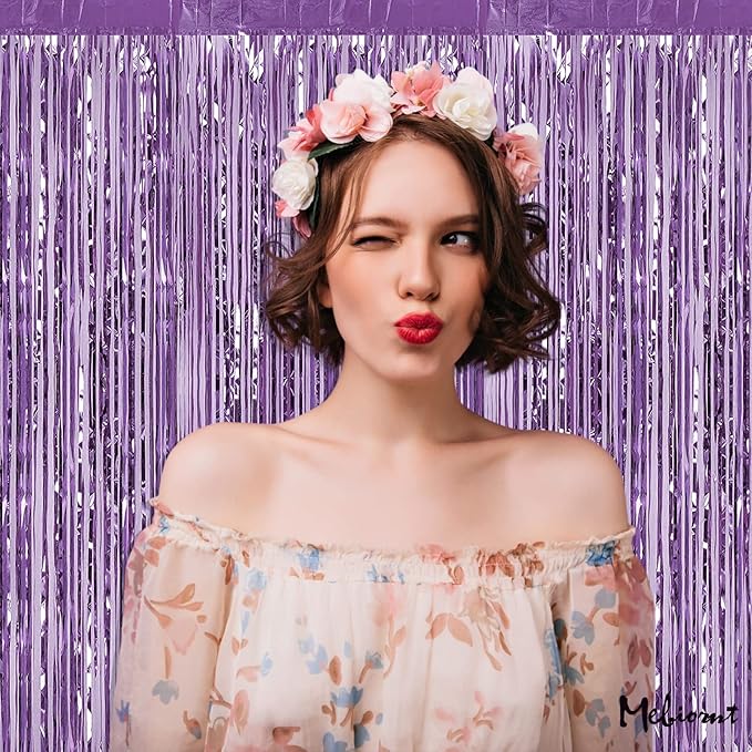 4 Pack Light Purple Fringe Curtain Backdrop, 3.2Ft x 8.2Ft Metallic Tinsel Foil Fringe Streamers Background for Photo Booth Birthday Wedding Baby Shower Carnival Easter Mother’s Day Party Decorations