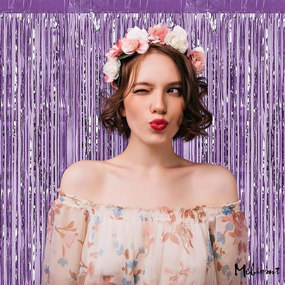 4 Pack Light Purple Fringe Curtain Backdrop, 3.2Ft x 8.2Ft Metallic Tinsel Foil Fringe Streamers Background for Photo Booth Birthday Wedding Baby Shower Carnival Easter Mother’s Day Party Decorations