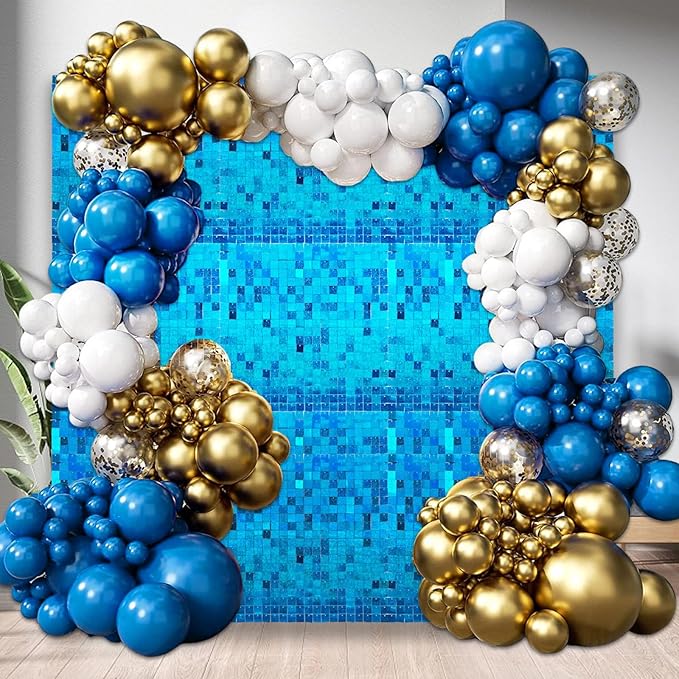 48 PCS Lake Blue Shimmer Wall Backdrop, Laser Square Sequin Photo Backdrops Panel, Glitter Wall Background for Birthdays, Weddings, Halloween, Engagements, Disco Bachelorette Party Decoration (6x8FT)