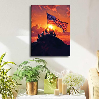 Ploceiny American july 4th Canvas Print Wall Art - Patriotic 4th of July USA Decorations, Soldiers Raising Flag on Mountain Sunrise, Veteran Memorial Gift, Independence Day Office & Home Decor, A-383