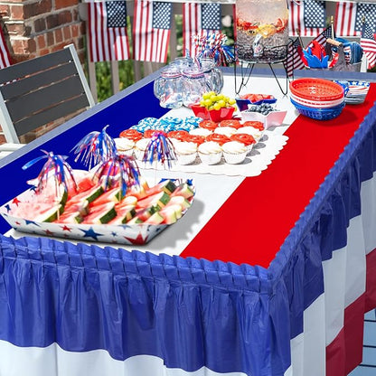 3 Pack 4th of July Plastic Table Skirts Decorations, Red White and Blue Patriotic Disposable Table Skirts, Fourth of July Table Party Decorations for Independence Memorial Veterans Day, 2.4 x 14 Ft