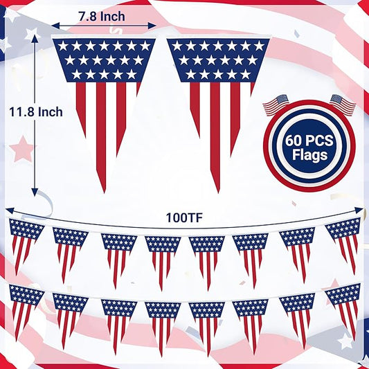 100FT 4th of July Decorations, 60Pcs Pennant Fourth of July Banner, 7.8 x 11.8 Inches Fourth of July American Flags for Outside 4th of July Accessories Independence Day Patriotic Party Parade Decor