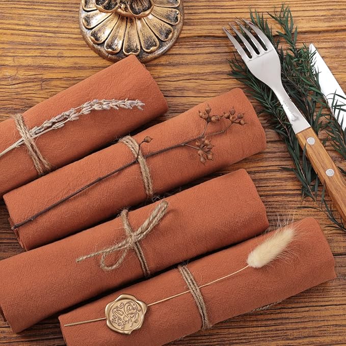 Socomi Cloth Napkins Terracotta Fall Burnt Orange Thanksgiving Washable Reusable Bulk Linen Cotton Napkins Set of 10 17"x17" for Wedding Party Bridal Baby Shower Birthday Dining Table Decorations