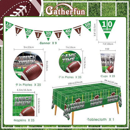 Football Party Supplies Kit Serve 25, Includes Disposable Dinner Plates, Dessert Plates, Napkins, Cups,and Football Tablecloth, Football Birthday Party Tailgate Party Decorations