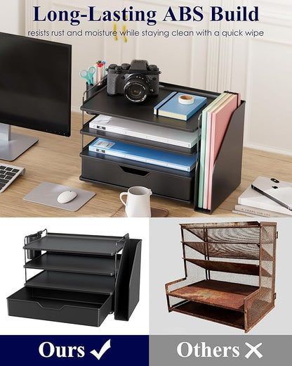 Kitsure Desk Organizer - 4-Tier Office Desk Accessories with Drawer ＆ Pen Holder, Tool-Free Assembly Organizer with Non-Slip Pads, for Office Supplies Storage, Plastic, 13.3" x 8.0" x 10.8", Black