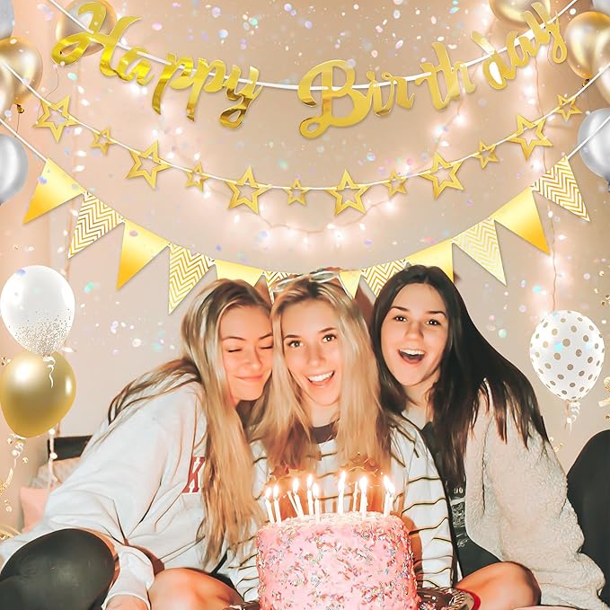 CANREVEL 3 PCS Gold Happy Birthday Banners, Hanging Stars Garland and Pennant Banner Flags, Gold Party Decorations, Golden Birthday Party Supplies for Women Men Girls Boys Adults