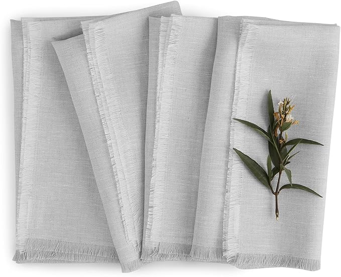 Solino Home Light Grey Linen Napkins Set of 4-100% Pure Linen Fringe Dinner Napkins 20 x 20 Inch for Fall, Autumn, Christmas, New Year - Handcrafted and Machine Washable