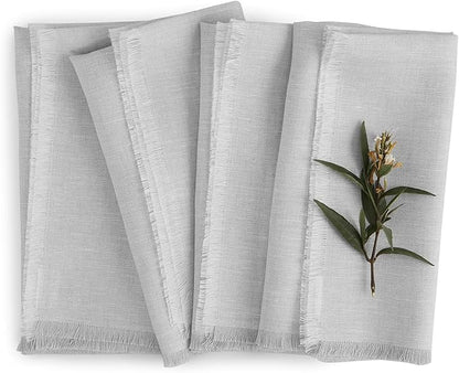 Solino Home Light Grey Linen Napkins Set of 4-100% Pure Linen Fringe Dinner Napkins 20 x 20 Inch for Fall, Autumn, Christmas, New Year - Handcrafted and Machine Washable