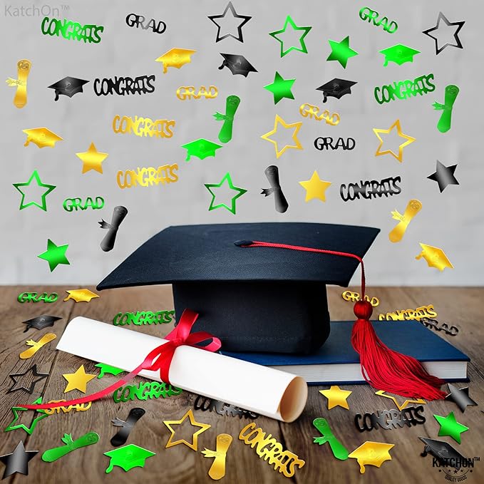 Katchon, Congrats Grad Confetti 2025 - Pack Of 1000 | Green And Gold Graduation Decorations 2025 | Graduation Confetti | Grad Table Decorations 2025