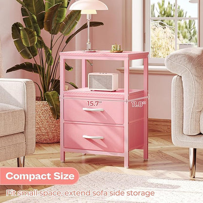 Huuger Nightstand with Charging Station, Side Table with Fabric Drawers, End Table with Open Shelf, Bedside Table with USB Ports and Outlets, Night Stand for Bedroom, Pink