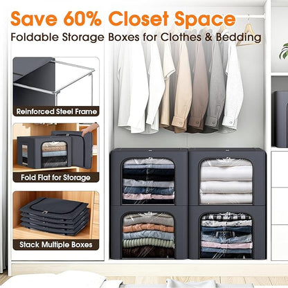 4 Pack Clothes Storage Bins with Metal Frame, 40L Foldable Fabric Storage Boxes with Clear Window, Front & Top Zipper Openings, Stackable Organizer Bins with Handles for Closet & Bedroom (Light Grey)