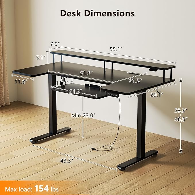 OffiGo U Shaped Electric Standing Desk with Keyboard Tray, 55 Inch Height Adjustable Desk with Power Outlets & LED Lights, Sit Stand Table with Monitor Stand for Home, Office, Black