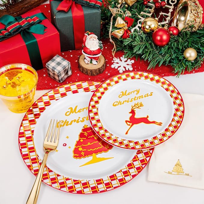 Ciaell 175PCS Christmas Plastic Plates - Red and Gold Plaid Plates include 25Dinner Plate, 25Dessert Plate, 25Knives, 25Forks, 25Spoons, 25cups, 25 Christmas Napkins for Christmas Party