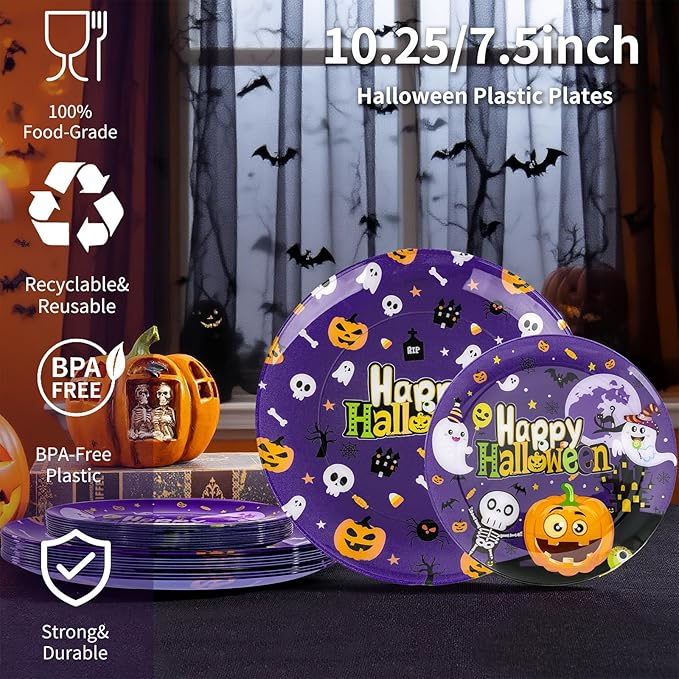 U-QE 20Pcs Halloween Plastic Plates - Cute Ghost and Pumpkins Design - Purple Plastic Plates Includes 10 10.25" Dinner & 10 7.5" Salad Plate - Perfect for Halloween Party, Ghost Party