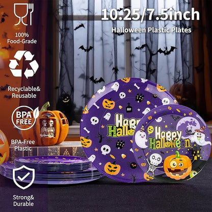U-QE 20Pcs Halloween Plastic Plates - Cute Ghost and Pumpkins Design - Purple Plastic Plates Includes 10 10.25" Dinner & 10 7.5" Salad Plate - Perfect for Halloween Party, Ghost Party
