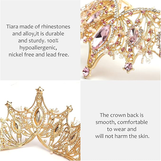 COCIDE Gold Tiara and Crown for Women Pink Gem Rhinestone Baroque Queen Headband for Girl Crystal Mermaid Princess Hair Accessories for Bride Birthday Party Bridesmaids Halloween Costume Cosplay
