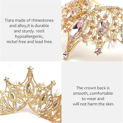 COCIDE Gold Tiara and Crown for Women Pink Gem Rhinestone Baroque Queen Headband for Girl Crystal Mermaid Princess Hair Accessories for Bride Birthday Party Bridesmaids Halloween Costume Cosplay