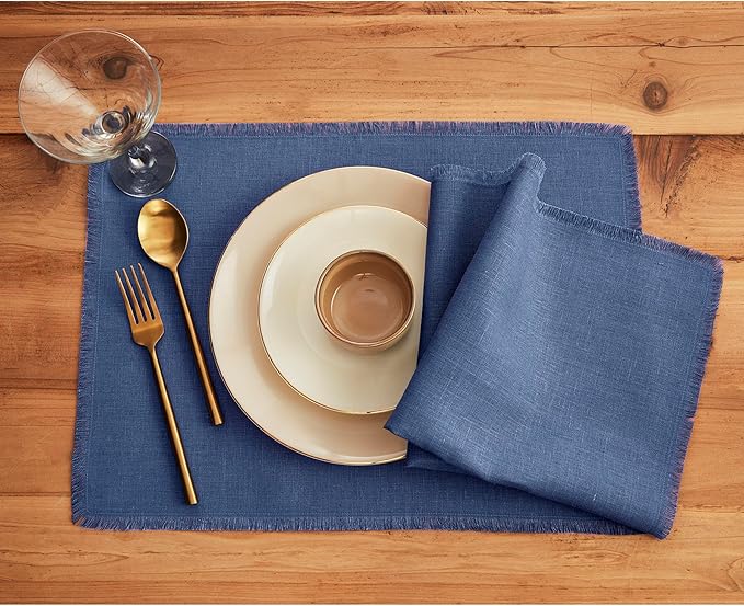 Solino Home Fringe Linen Placemats Set of 4 - Vintage Blue Placemats 14 x 19 Inch - 100% Pure Linen Table Mats