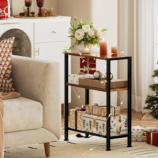 Narrow Side Table for Small Space, 2-Tier Small End Table with Shelf Holder, Slim Nightstand, Skinny Snack Couch Table in Living Room, Bedroom, Study, Kitchen and Balcony (Rustic Brown &Black)