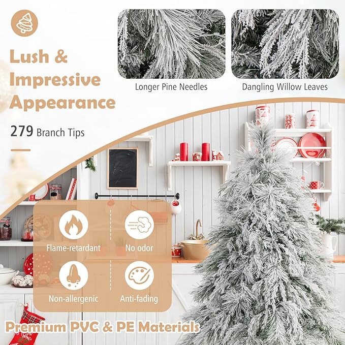 GOFLAME 4.5ft Pre-Lit Christmas Tree Snow Flocked, Hinged Artificial Xmas Tree with 279 Branch Tips, 150 Warm White LED Lights, Willow Leaves, Holiday Decoration Tree for Home Office Party