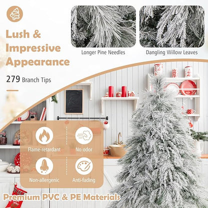 GOFLAME 4.5ft Pre-Lit Christmas Tree Snow Flocked, Hinged Artificial Xmas Tree with 279 Branch Tips, 150 Warm White LED Lights, Willow Leaves, Holiday Decoration Tree for Home Office Party