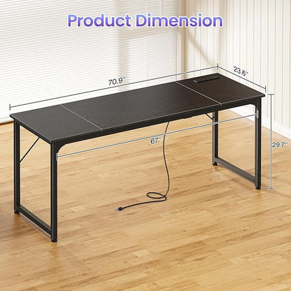 PRAISUN 70 X 24 Inch Office Computer Desk with Power Outlets and USB-C Port, Larger and Longer Gaming Desk, for Home Office, Study, Writing Work from Home Table, Metal Frame, Black