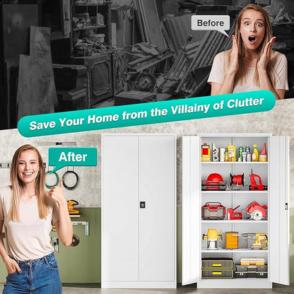 SISESOL Wide & Deep Metal Storage Storage Cabinet with Adjustable Shelves,White Metal Cabinet with Lock,Steel Pantry Cabinets,72" Lockable Cabinets for Home,Office,Garage,Kitchen,Shop