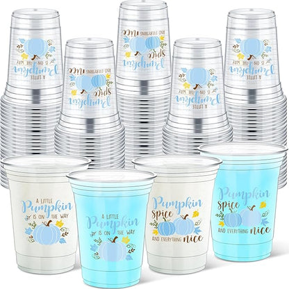 Meanplan 50 Pcs 12oz Thanksgiving Baby Shower Party Plastic Cups A Little Pumpkin is On The Way Disposable Clear Cups for Fall Autumn Baby Shower Gender Reveal Supplies Decorations(Blue)