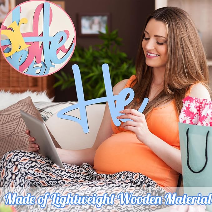 Large Wooden He or She Gender Reveal Sign Decals with 30 PCS Pink Blue Balloons 12 Inch Oh Baby Shower Sticker What Will Baby Be Backdrop Decoration Girl or Boy Sign for Pregnancy Backdrop Photo Props