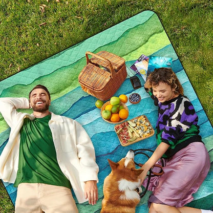 Waterproof Picnic Outdoor Blanket, 79" x 59" Sandproof Foldable Large Picnic Blanket for Beach, Camping, Park, Travel, Concert, Great Gift for Families and Couples (Green Waves)