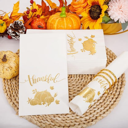 BUCLA 100-Count 3-Ply Thanksgiving Napkins - White and Gold Napkins Disposable & Pumpkin Paper Napkins Premium Quality - Gold Paper Napkins Dinner Size Soft, Absorbent for Thanksgiving Party