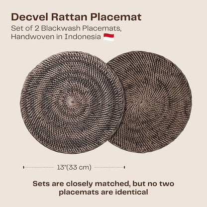 2-Pack Rattan Placemats - 13-inch Round Placemats (Blackwash) - Woven Place Mats, Round Table Mats - Wicker Chargers for Dinner Plates, Plate Chargers Boho - Rattan Decor, Kitchen Table Decor
