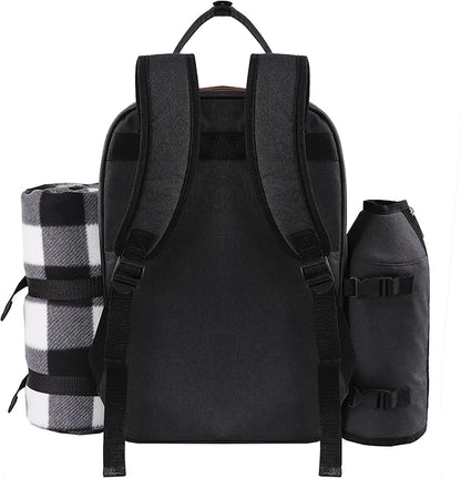 ALLCAMP OUTDOOR GEAR Picnic Backpack for 2 Person Set W/Detachable Bottle/Wine Holder, Fleece Blanket, Plates and Cutlery Set (Black)