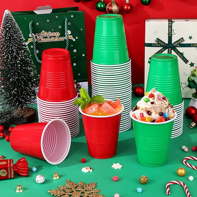 KesaPlan 100PCS 12oz Disposable Plastic Cups, Red and Green Christmas Party Drinking Cups, Xmas Holiday Supplies