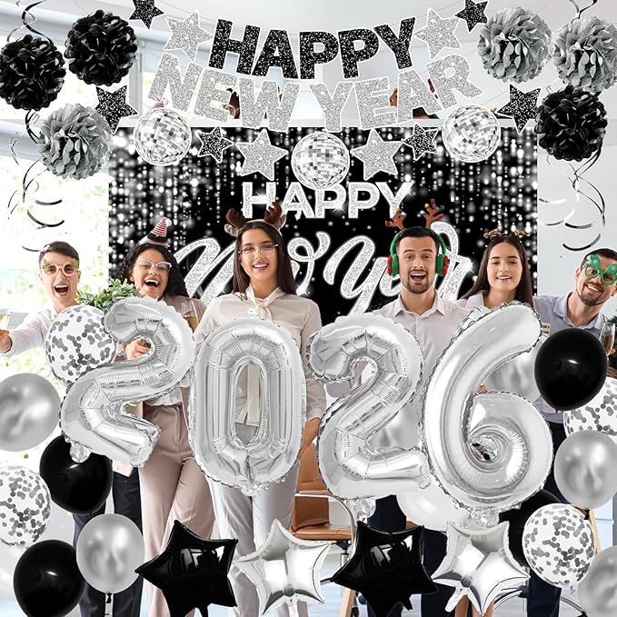 New Years Eve Party Supplies 2026 Happy New Year Decorations Kit - Black Silver Happy New Year Banner, Backdrop, 2026 Balloons, Pom Poms and Hanging Swirls for Kids Adults Party Decor