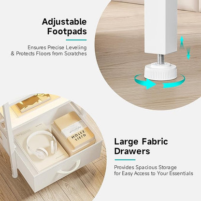 Night Stand Bedside Table Bedroom - White Nightstand with Charging Station & LED Light Strip, Morden Bed Side End Table with Storage Shelf & 2 Fabric Drawers, U-S-B Ports & AC Outlets