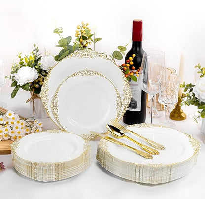 100 PCS White and Gold Plastic Plates for 50 Guests, Gold Disposable Plates Include 50 PCS Dinner Plates, 50 PCS Dessert Plates for Party, Wedding and Graduation