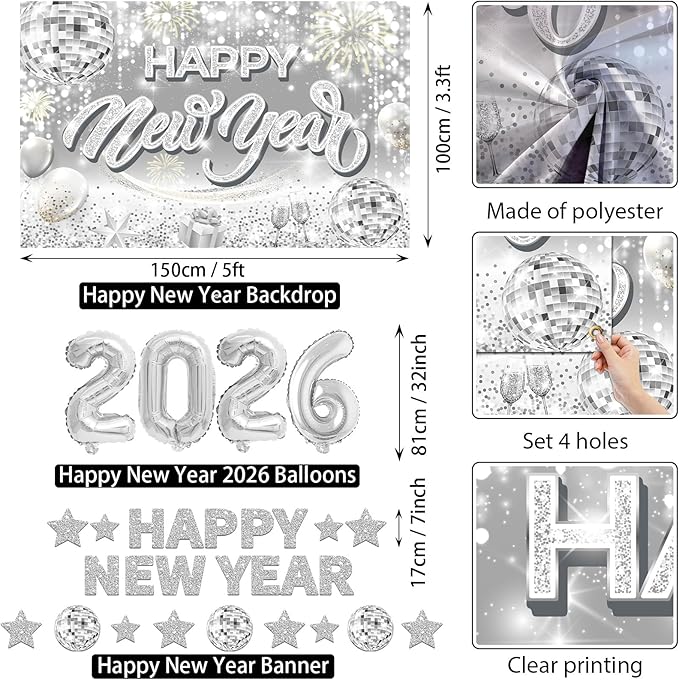 New Years Eve Party Supplies 2026 Happy New Year Decorations Kit - Silver Happy New Year Banner, Backdrop, 2026 Balloons, Pom Poms and Hanging Swirls for Kids Adults Party Decor