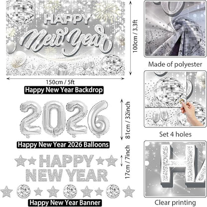 New Years Eve Party Supplies 2026 Happy New Year Decorations Kit - Silver Happy New Year Banner, Backdrop, 2026 Balloons, Pom Poms and Hanging Swirls for Kids Adults Party Decor